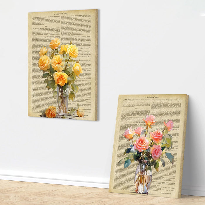 Art Street Set of 2 Stretched Canvas Painting Rose Flowers Spring Dictionary Wall Art for Home Decor, Living room, Office, Hotel & Bedroom Size (12x16 inch)