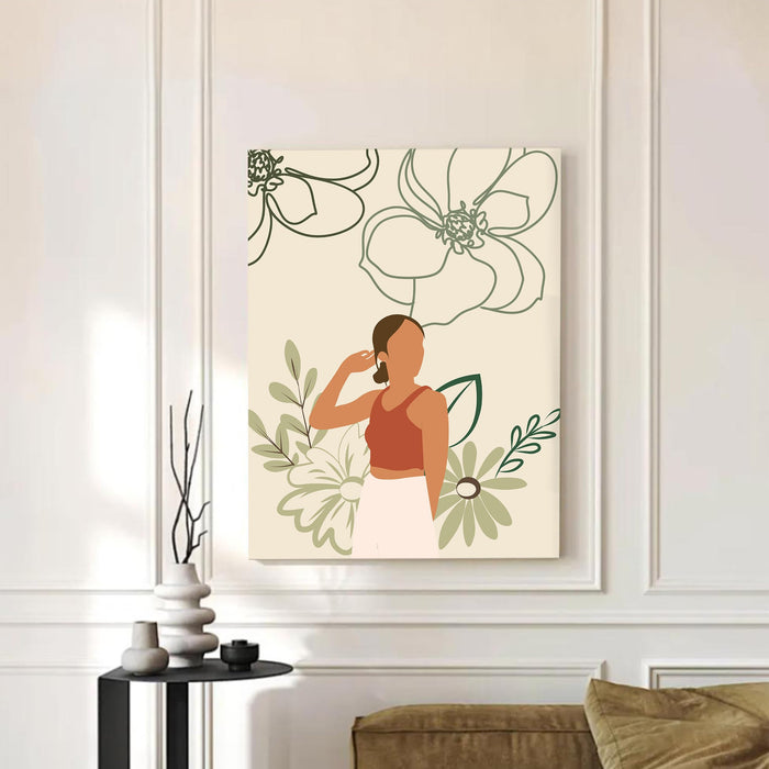 PAINTINGMANTRA Abstract Women floral rainbow Stretched Canvas Wall Art Modern Boho Illustration Painting for Home & Office Wall Decor, (16x22 Inch)