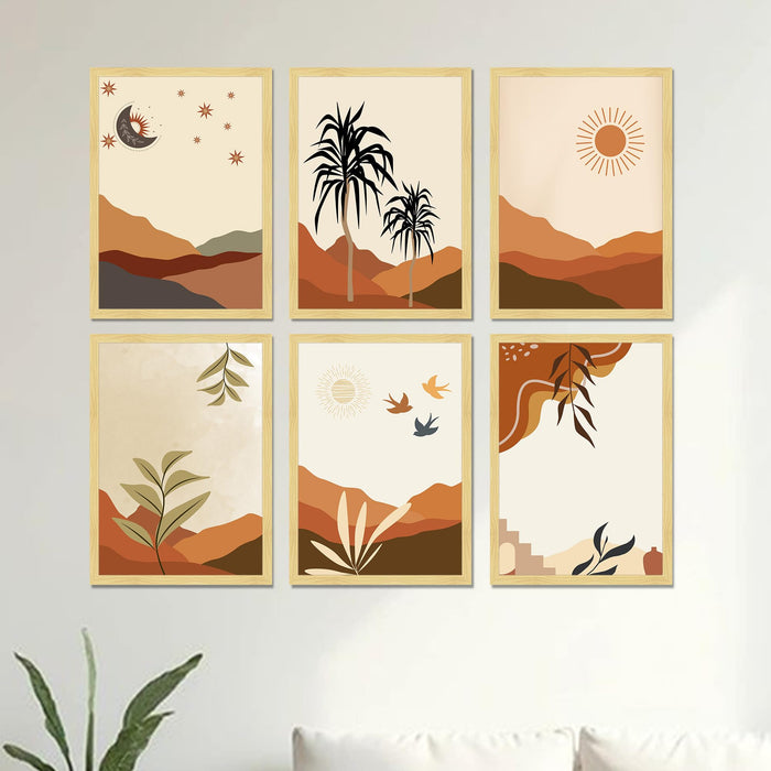 Boho Landscape Framed Painting Wall Art Set of 6 | Sun, Moon & Botanical Desert Prints | Warm Earth Tones | Engineered wood Frame Wall Décor, (Size: A3)