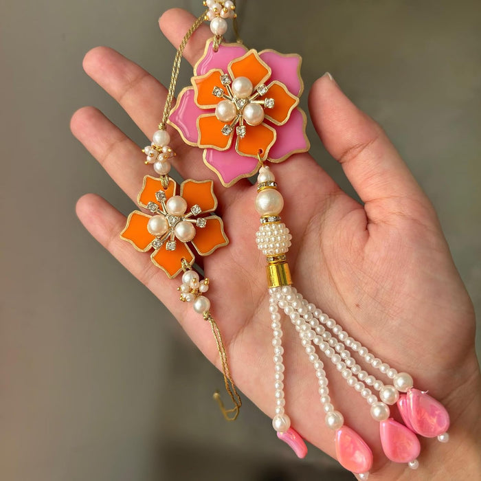 Rakhi Set for Brother and Bhabhi Premium Pink Flowers Design Rakhi with Roli and Chawal for Raksha Bandhan (Combo Of Two Rakhi)