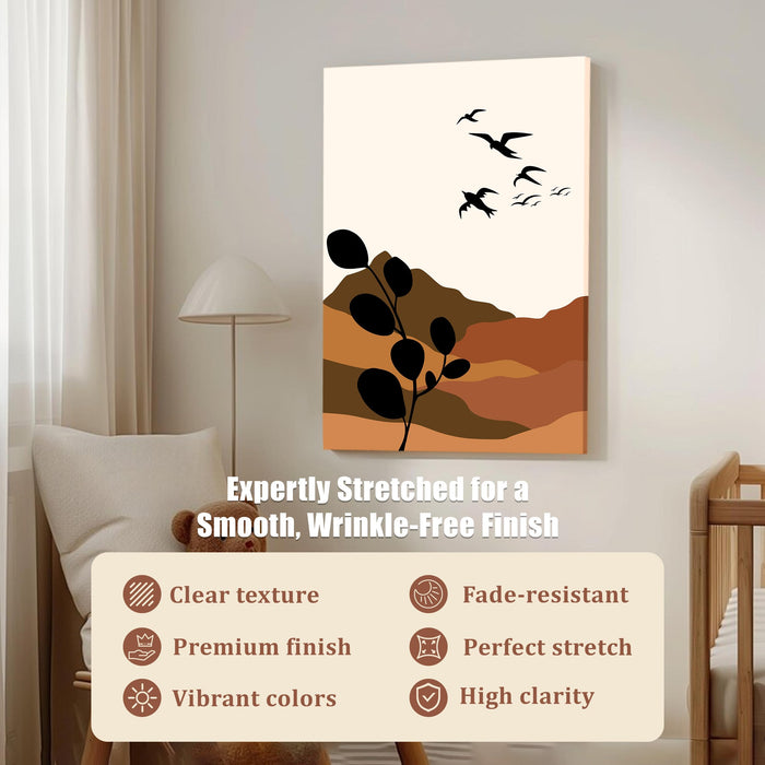 PAINTINGMANTRA Abstract Desert and birds Stretched Canvas Wall Art Modern Boho Illustration Painting for Home & Office Wall Decor, (16x22 Inch)