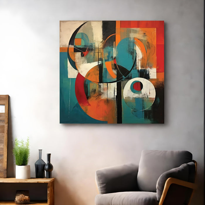 Modern Abstract Geometric Stretched Canvas Wall Art Painting for Living Room, Teal & Black Circles & Shapes Painting, Contemporary Decor for Living Room, Office & Home Decoration (56xx56 cm)