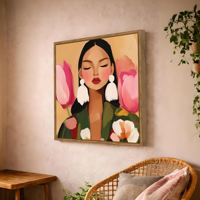 Botanical Woman Portrait Framed Painting For Living Room | Modern Floral Abstract Large Canvas Painting With Frame Wall Art For Bedroom, Hallway's, Office, Hotel, Size 58x58 cm