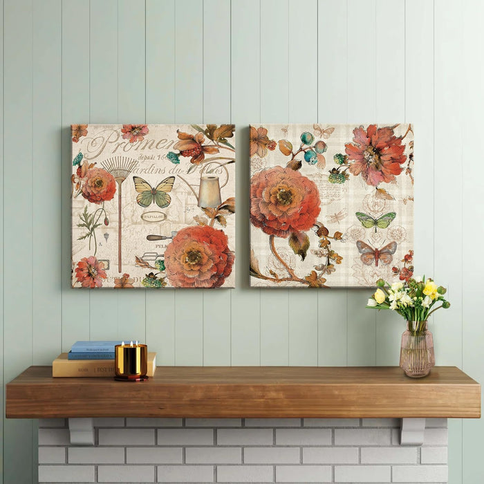 Decorative Jardin Birds Stretched Canvas Painting for Home Decor (Multicolor, Set of 2, 12 X 12 Inches)