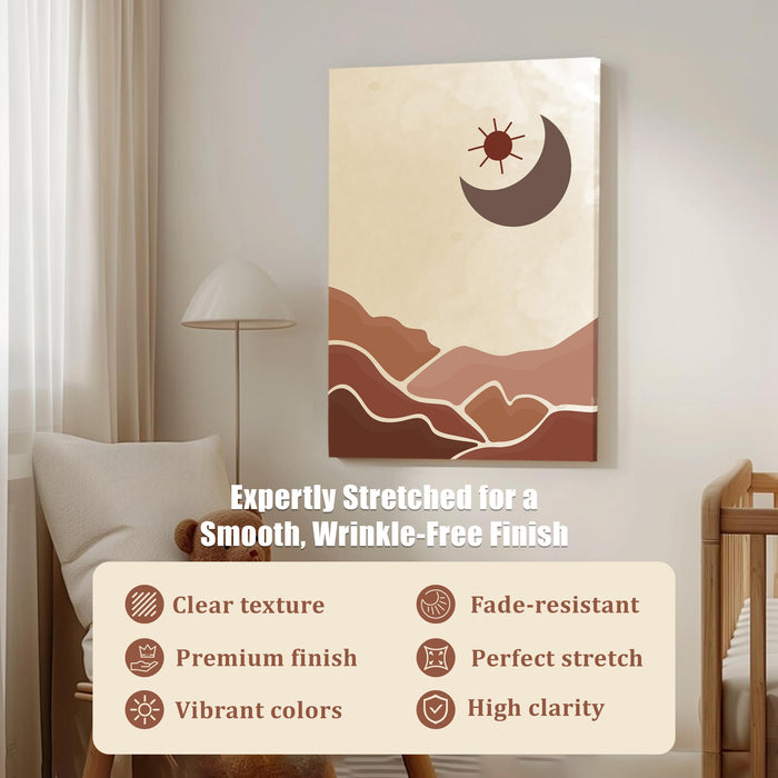 PAINTINGMANTRA Abstract Desert Moon and mountain theme Stretched Canvas Wall Art Modern Boho Illustration Painting for Home & Office Wall Decor, (16x22 Inch)