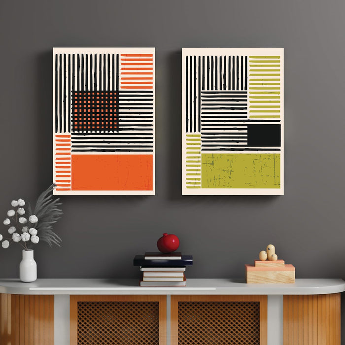 Art Street Stretched Canvas Painting Mid Century Modern Poster with Striped Colour For Living Room Decoration (Set of 2, Size: 16x22 Inch)