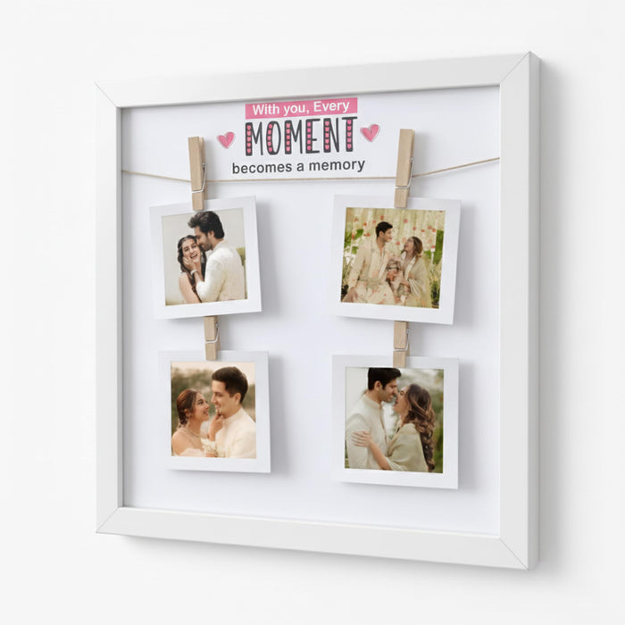 SNAP ART Photo Hanging Display with Clips, Personalized Wooden Photo Frame for Couple Memories, Valentine’s Day Gift for Girlfriend Boyfriend Spouse, Romantic Wall Photos Frame, 32x32 cm