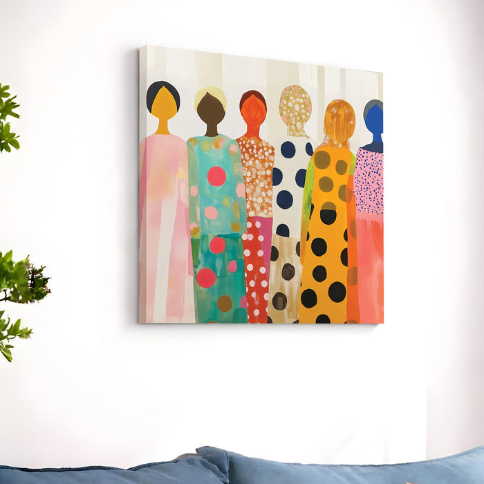 Feminine Abstract Wall Art Painting For Living Room, Modern Colorful Feminine Stretched Canvas Wall Art Poster Featuring Stylized Women in Polka Dot Dresses for Living Room & Office (56xx56 cm)