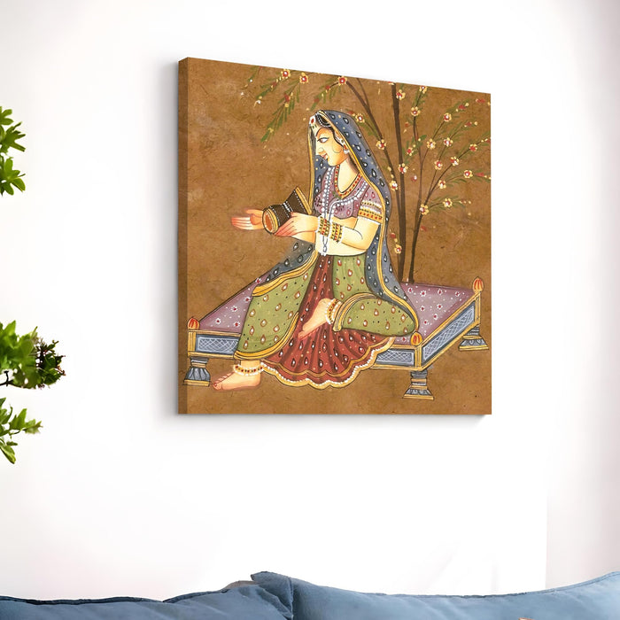 Mughal Miniature Wall Art Painting For Living Room, Rajasthani Traditional Indian Lady Playing Drum Under Tree, Stretched Canvas wall Art Poster for Living Room, Office & Home Decor (56xx56 cm)
