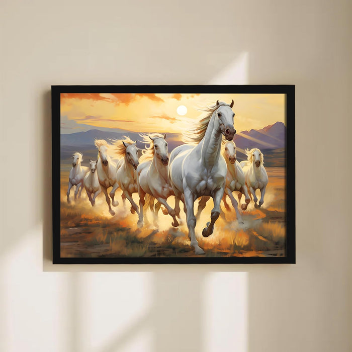Abstract Wall Art Eight Running Horses Vastu Feng Shui Multicolor | Digital Painting Framed with Engineered Wood Frame (17x23 Inch)
