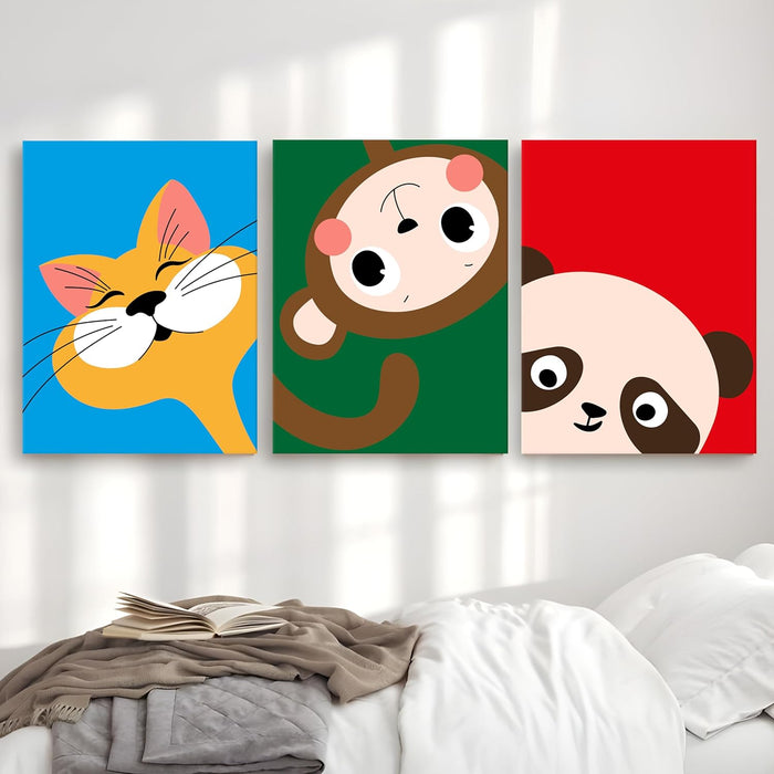 Art Street Stretched on Frame Modern Art Print Cartoon Cute Panda Animals Colorful Nursery for Kids Room Decoration, Home Decor Wall Hanging Decorative gifts (Set Of 3, 12x16 Inch)
