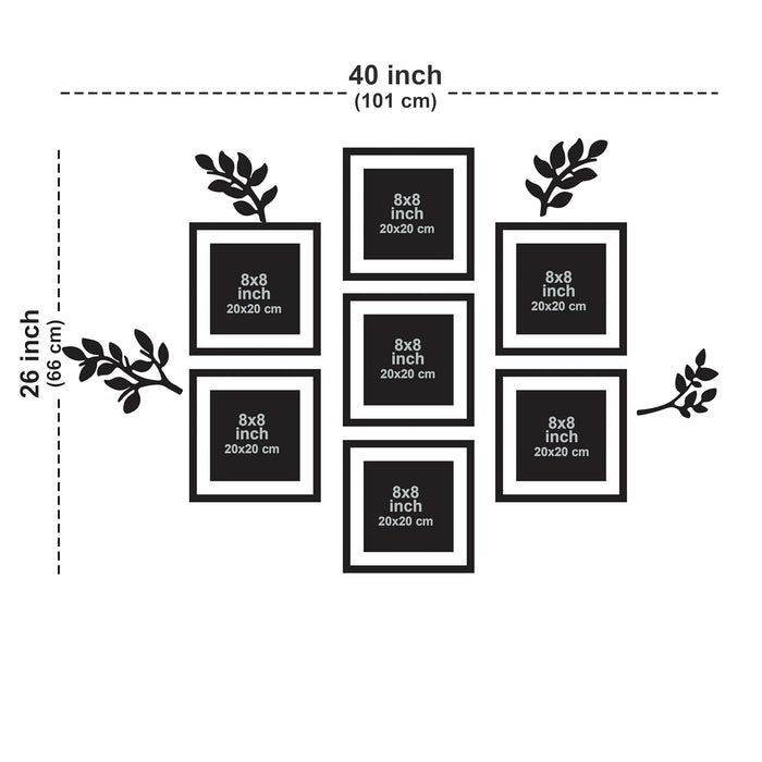 Botanical Wall Decor Photo Frame Set of 11 | 7 Square Black Picture Frames with 4 MDF Leaf Cutouts | Nature-Inspired Gallery Wall for Living Room & Home Decoration