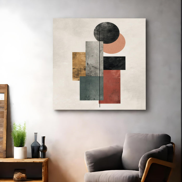 Modern Abstract Geometric Stretched Canvas Wall Art Painting For Living Room, Mid-Century Modern Circles & Rectangles Poster, Contemporary Decor for Living Room & Office (56xx56 cm)
