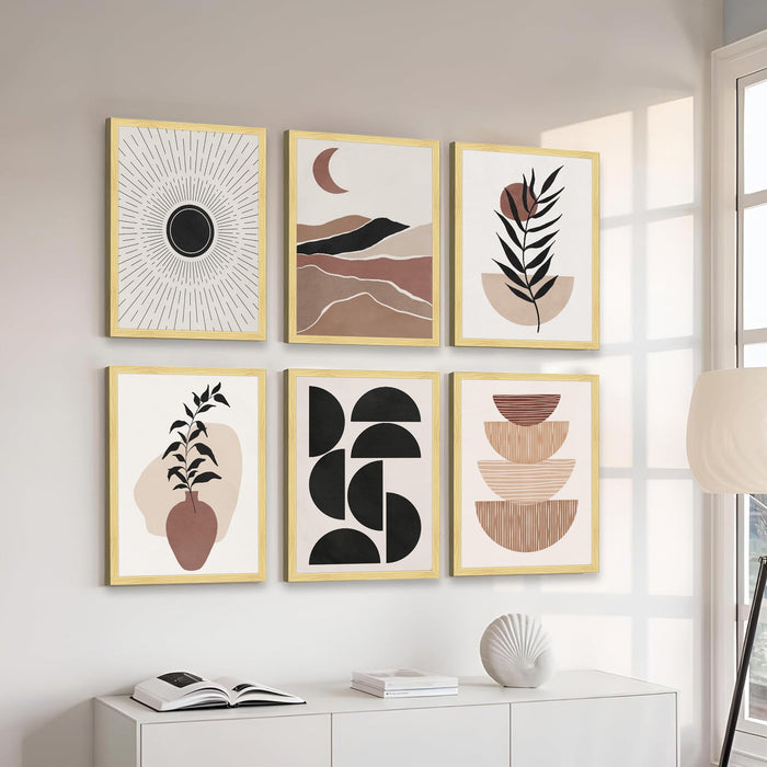 Boho Portrait & Abstract Framed Painting Wall Art Set of 6 | Modern Feminine, Botanical & Rainbow Prints | Soft Neutral Tones | Engineered wood Frame Wall Décor, (Size: A3)