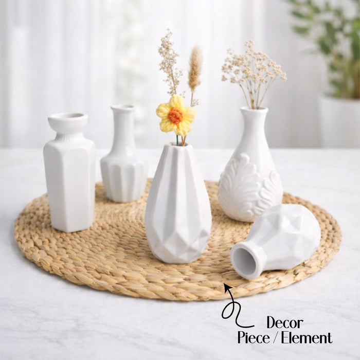 Set of 5 White Ceramic Decorative Vases for Home Decor | Modern Minimal Flower Vase Set for Living Room, Bedroom, Table & Gift