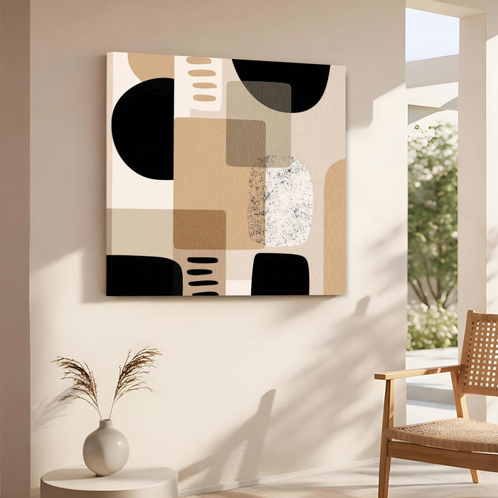 Mid-Century Modern Geometric Wall Art Painting For Living Room, Minimalist Abstract Shapes Stretched Canvas Painting, Black & Brown, Contemporary Boho Decor for Living Room & Office (56xx56 cm)