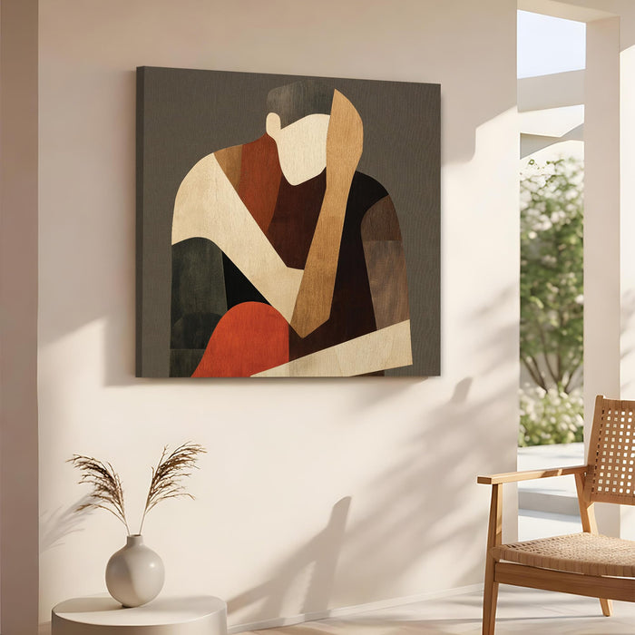 Abstract Stretched Canvas Wall Art Painting for Living Room, Modern Minimalist Figurative Painting, Mid-Century Boho Decor in Earthy Terracotta & Brown for Living Room, Office & Studio (56xx56 cm)