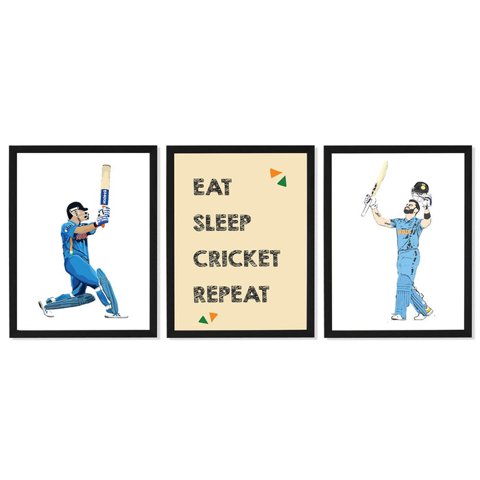Art Street Cricket Player Hitting Six Sports Framed Wall Hanging Poster For Home Decor, Living Room, Hotel and Office Decoration (Set Of 3, 12.7x17.5 Inch)