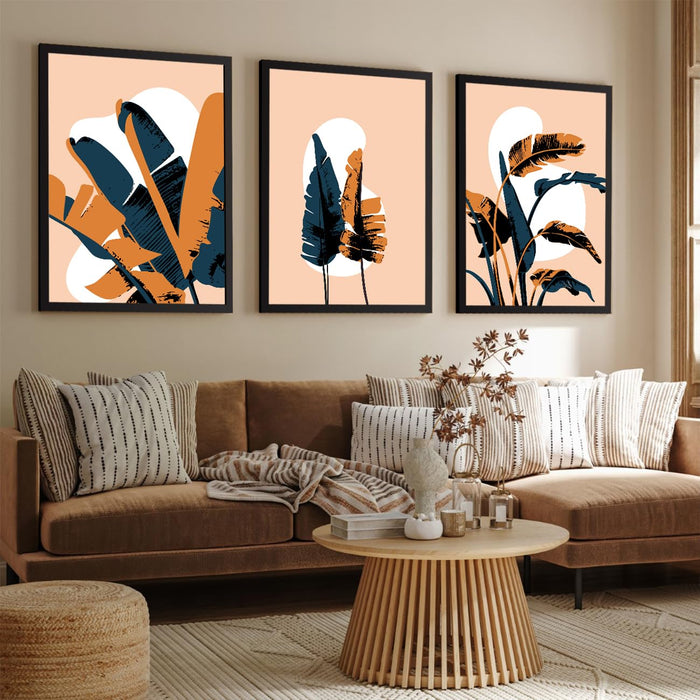 Art Street Wall Art Prints Embossed Laminated Framed, Three Tropical Banana Leaf Art For Wall Décor Abstract Art (Size: 16x22 Inch)