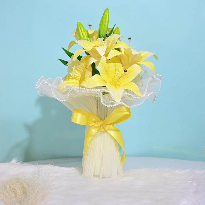 Art Street Artificial Yellow Lily Flower Bouquet with Decorative Wrapping | Realistic Fake Flowers
