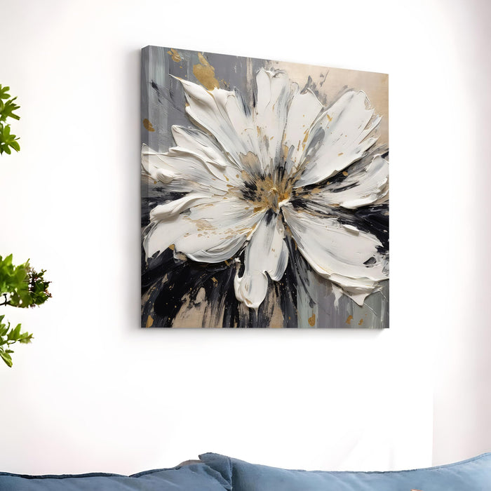 Modern Floral Stretched Canvas Wall Art Painting For Living Room, Painting White Flower with Heavy Texture & Gold Foil Accents, Contemporary Decor for Living Room, Bedroom & Office (56xx56 cm)