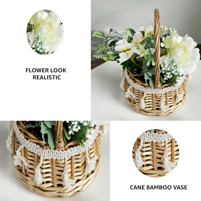 Art Street Boho Macrame Basket Vase with Artificial Flowers Wedding Flower Girl Baskets, Fake Flowers in Pot for Home, Table, Window, Living Room, Bedroom, Office (Beige, Size: 5x7.5 Inch)