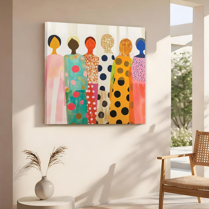 Feminine Abstract Wall Art Painting For Living Room, Modern Colorful Feminine Stretched Canvas Wall Art Poster Featuring Stylized Women in Polka Dot Dresses for Living Room & Office (56xx56 cm)