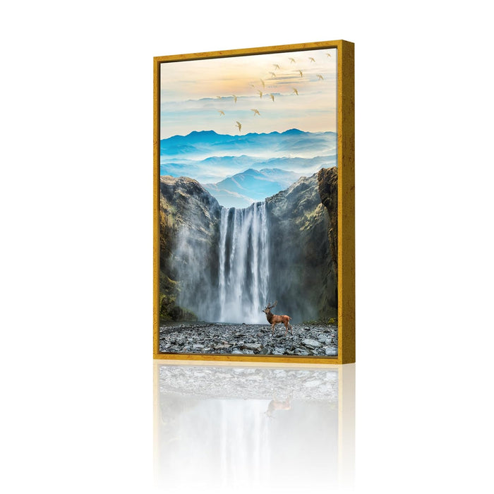 Canvas Painting Golden Emerald, Moon On Gold Line Mountain Framed Decorative Wall Art For Living Room (Size:23x35 Inch)