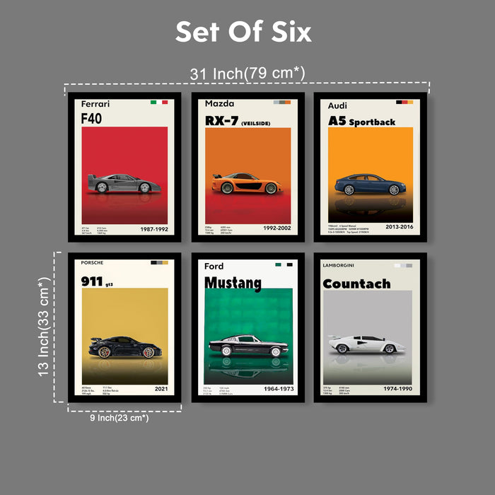Iconic Car Painting With Frame for living room, Sports Car Framed Wall Art Painting for Home Decor Set of 6, Size 13 by 9 Inch