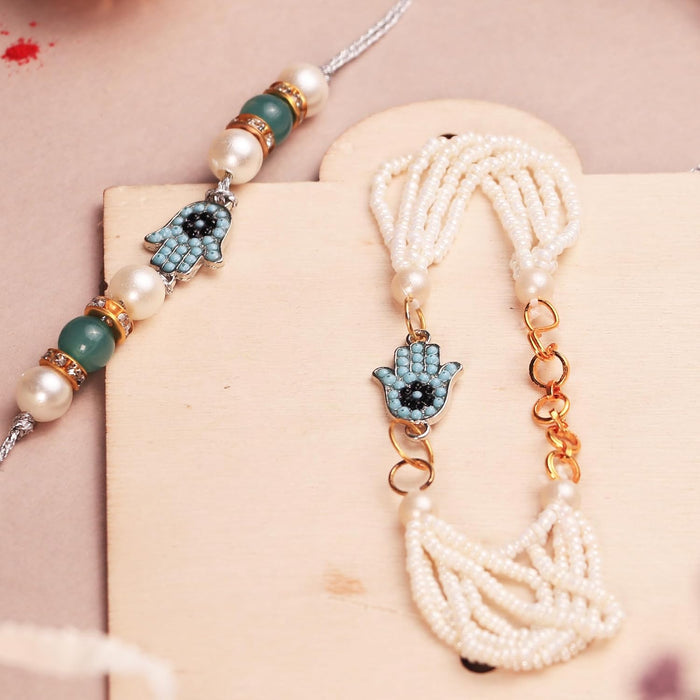 Rakhi Set for Brother and Bhabhi Premium Hand shape Rakhi with Roli and Chawal for Raksha Bandhan (Set of 3)