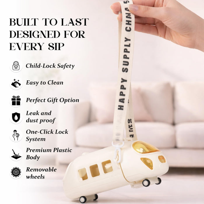 Train Water Bottle with Straw & Adjustable Shoulder Strap, 700 ml Large Capacity Portable Sipper Cup for Kids & Girls, Leakproof BPA-Free Plastic Drinkware for School & Travel (White, 8.5x3.7 Inch)