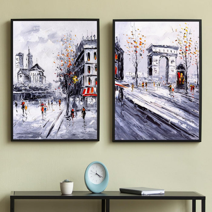 Art Street Wall Art Prints Embossed Laminated Framed, Two Paris City Street Art For Wall Décor Abstract Art (Size: 16x22 Inch)