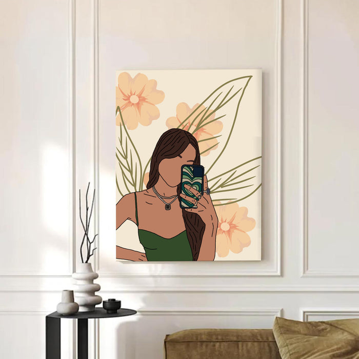 P Abstract Women cell phone Stretched Canvas Wall Art Modern Boho Illustration Painting for Home & Office Wall Decor, (16x22 Inch)