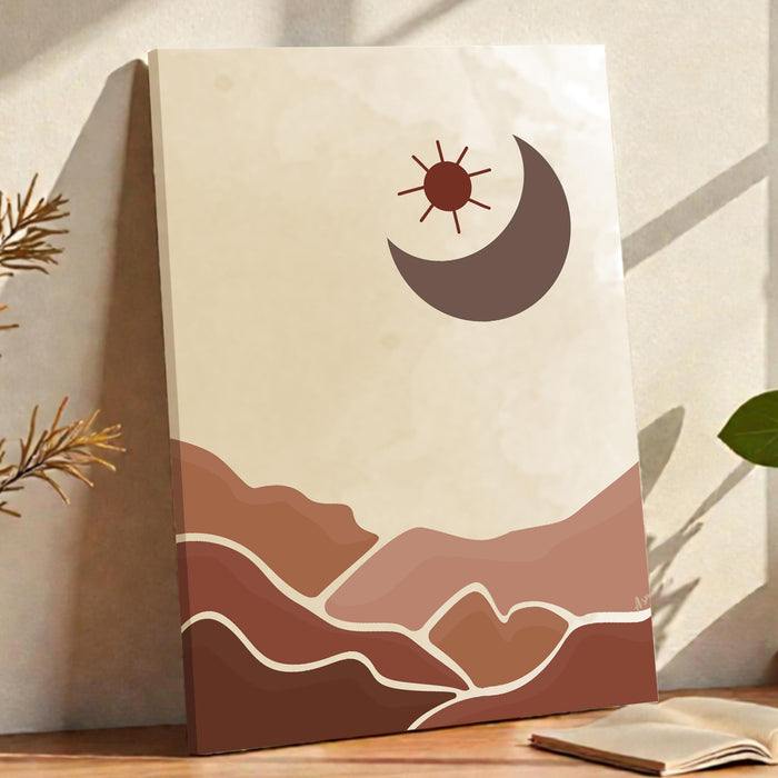PAINTINGMANTRA Abstract Desert Moon and mountain theme Stretched Canvas Wall Art Modern Boho Illustration Painting for Home & Office Wall Decor, (16x22 Inch)