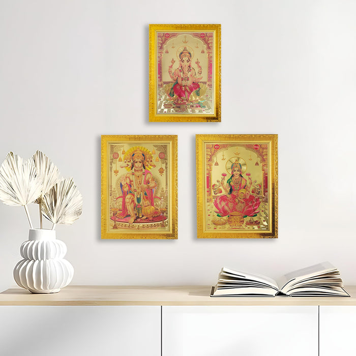 Art Street Combo Set of 3 Shree Ganesh, Mata Laxmi Ji & Panchmukhi Hanuman ji for Pooja, Poster for Pooja, Religious Framed Painting,Gold Plated God, Wall Decor (Size: 9.8x13.3 Inch, Gold)