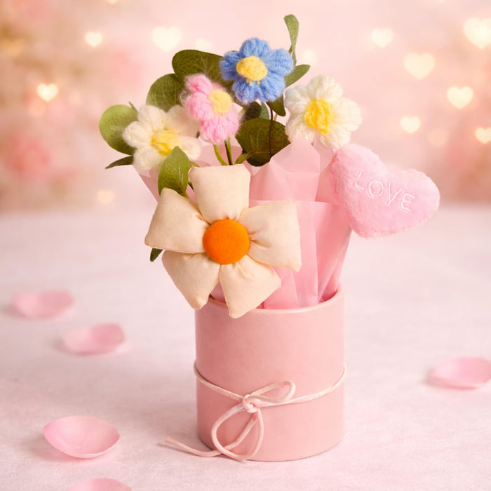 Art Street Handmade Knitted Flower Bouquet in Pink Gift Box – Artificial Daisy & Eucalyptus Arrangement with Soft Fabric Heart | Decorative Table Décor & Gift for Birthday, Anniversary, Valentine