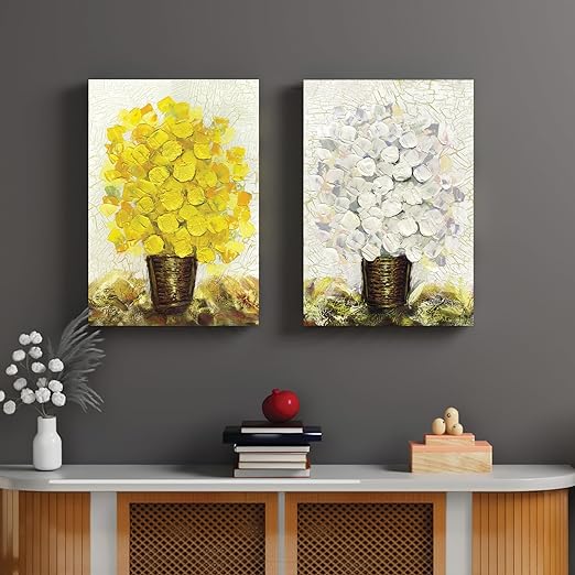 Art Street Stretched Canvas Painting Red & Yellow Floral Print For Living Room Decoration (Set of 2, Size: 16x22 Inch)