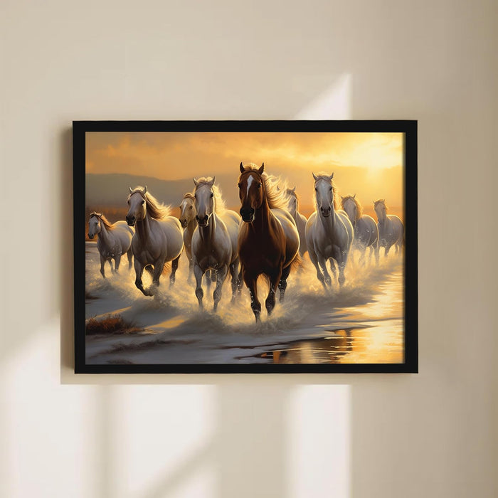 Abstract Wall Art Eight Running Horses Vastu Feng Shui Multicolor | Digital Painting Framed with Engineered Wood Frame (17x23 Inch)