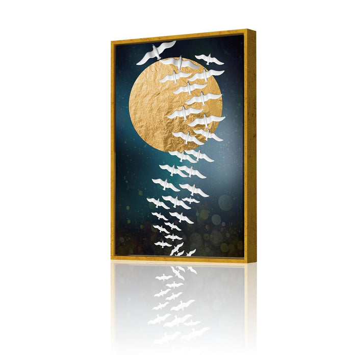 Canvas Painting Golden Emerald, Moon On Gold Line Mountain Framed Decorative Wall Art For Living Room (Size:23x35 Inch)