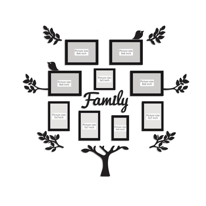 Family Tree Wall Photo Frame Set Pack of 9 with 10 MDF Cutouts for Home Decoration Wall Hanging Photo Frame Collage for Living Room Bedroom