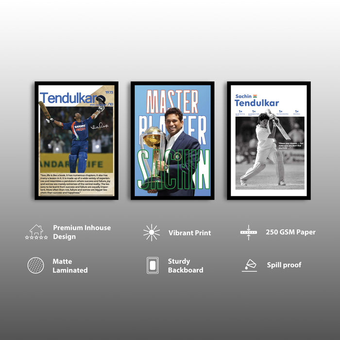 PAINTINGMANTRA Sachin Tendulkar Wall Art | Master Blaster Cricket Posters | Framed Sports Wall Decor for Living Room, Bedroom, Office & Cricket Lovers (13.9x17.6 Inch, Set of 3)