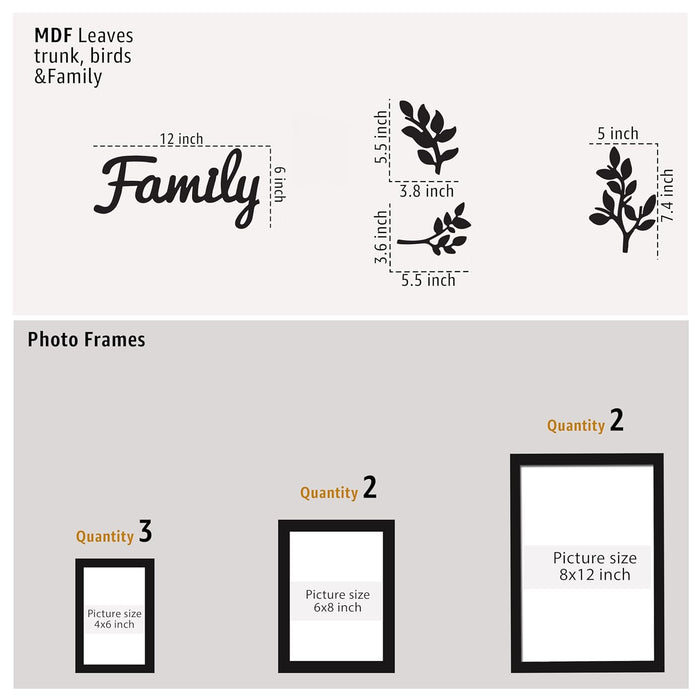 Family Tree Wall Photo Frame Set Pack of 7 with 7 MDF Cutouts for Home Decoration 4x6, 6x8, 8x12 Inch