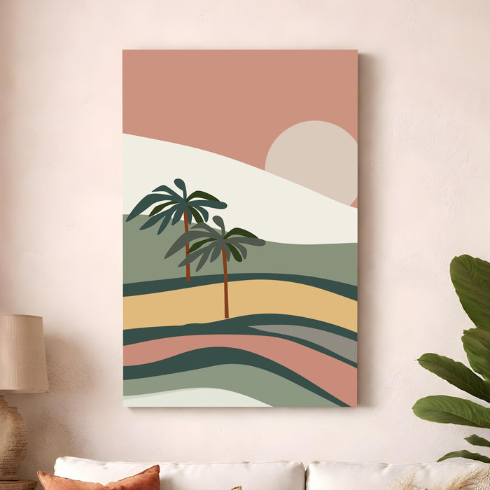 Boho Landscape Stretched Canvas Painting For Living Room | Graphic Tropical Palm Stretched Canvas Wall Art For Livingroom Home Decor, Bedroom, Hallway's, Office, Hotel - 56x86 cm