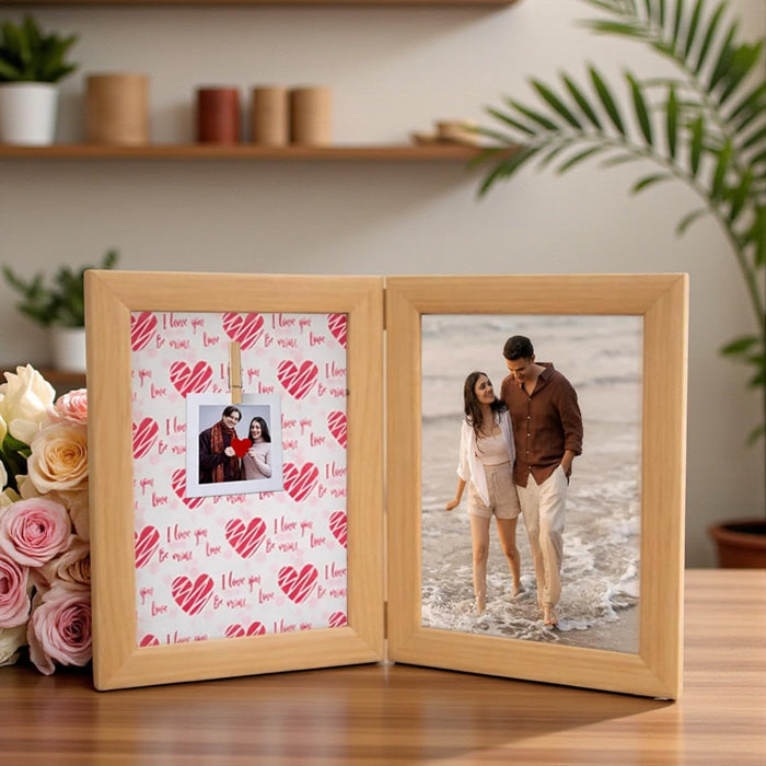 Wooden Greeting Card Photo Frame with Clip, Brown Hinged Double Frame for Photos & Cards, Tabletop Display Gift for Anniversary, Wedding, Valentine, Home Decor (5.2 x 7.2 Inch, Wooden Brown)