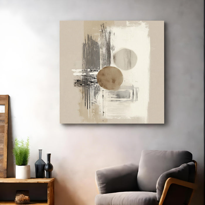 Abstract Minimalist Geometric Stretched Canvas Wall Art Painting for Living Room, Modern Neutral Painting, Overlapping Circles & Lines in Beige & Black for Office (56xx56 cm)