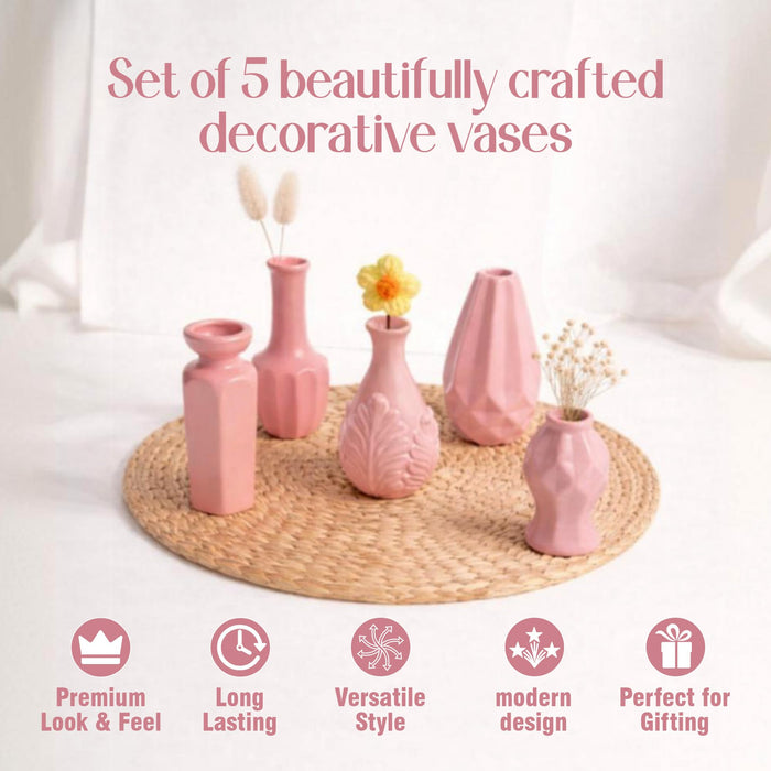 Set of 5 Pink Ceramic Decorative Vases for Home Decor | Modern Minimal Flower Vase Set for Living Room, Bedroom, Table & Gift