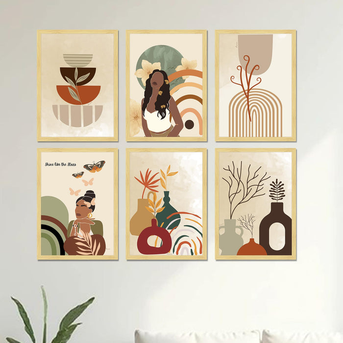 Boho Abstract Framed Painting Wall Art Set of 6 | Portrait, Botanical & Geometric Prints | Warm Neutral Tones | Engineered wood Frame Wall Décor, (Size: A3)