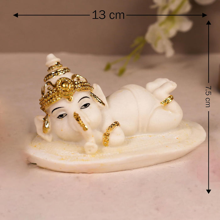 Resting Ganesha Statue Showpiece Idol, Crafted from Marble Finish Resting Ganesha Murti (White, 7x13 cm)
