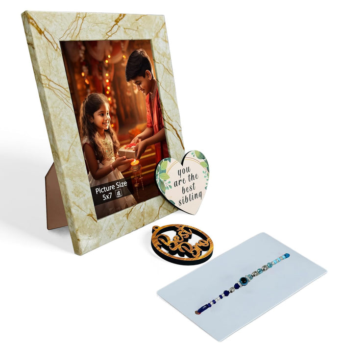 Art Street Rakhi Gifts Hamper Combo Set-One 5x7 Inch Photo Frame With Heart Shape Plaque 'You are the Best Sibling', Rakhi & Best Bro Keyring for Brother, Gift Set