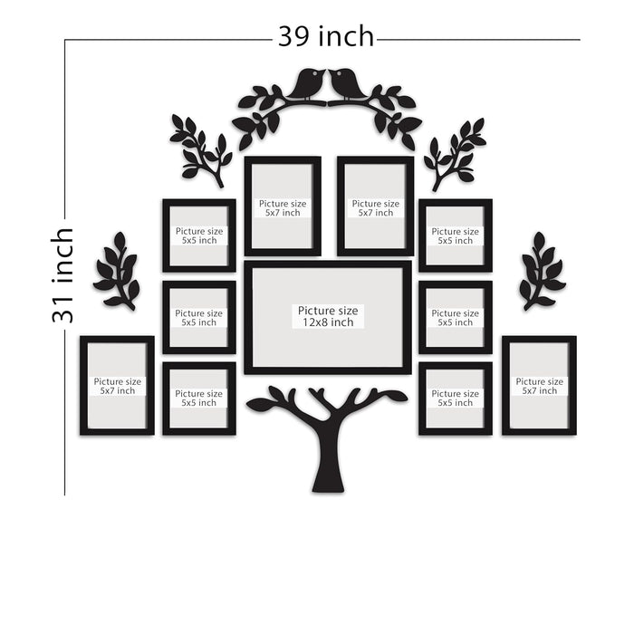 Botanical Wall Decor Photo Frame Set of 11 | 7 Square Black Picture Frames with 4 MDF Leaf Cutouts | Nature-Inspired Gallery Wall for Living Room & Home Decoration
